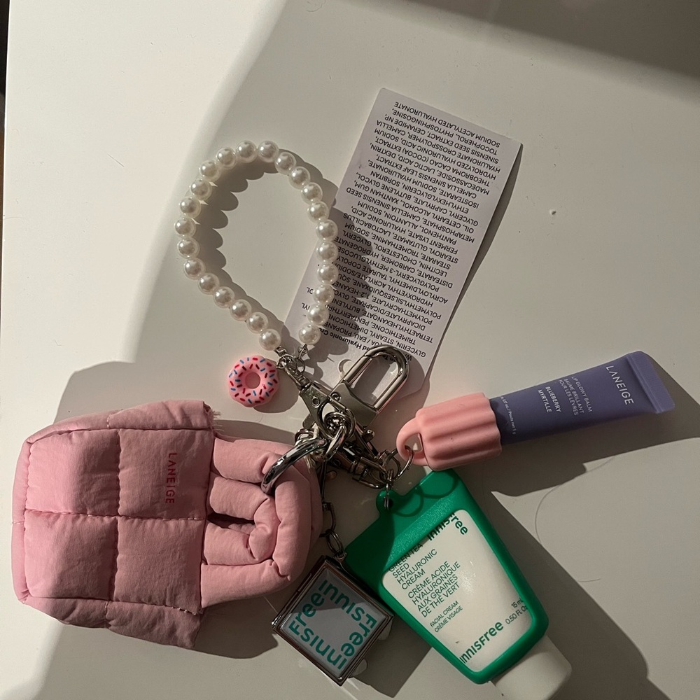 LANEIGE and innisfree Accessory Set bag charms with cream and lip gloss BNWT